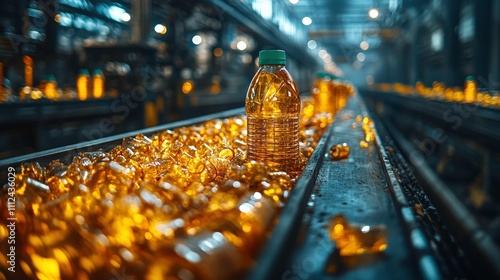 Bottles of Oil on a Production Line in a Modern Factory Setting, Highlighting Industrial Processes and Quality Control in Manufacturing photo