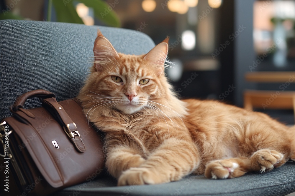 Fototapeta premium Portrait of Ginger Maine Coon cat lying on a modern chair. Next to it is a bag.