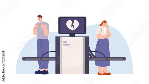 Separation of lovers. Sad girl and boy stand separately, broken heart on the X-ray screen. Long distance relationship metaphor. Betrayal or treason vector concept