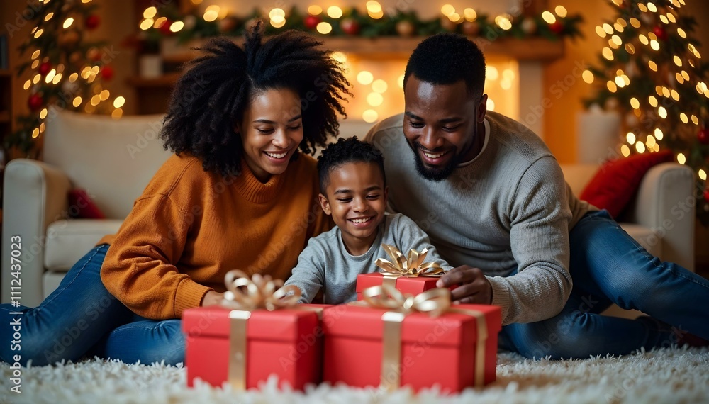 Happy family opening christmas presents at home Happy family opening christmas presents at home