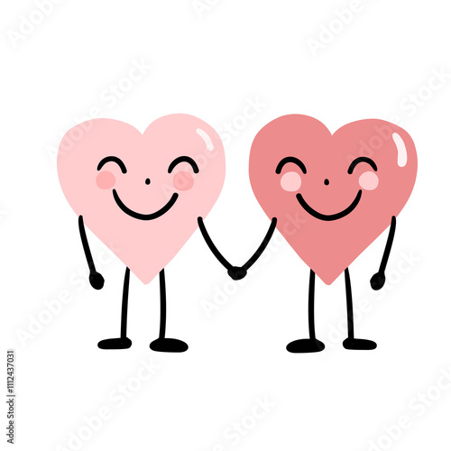 pink heart character action two heart hold hands together  on transparency background