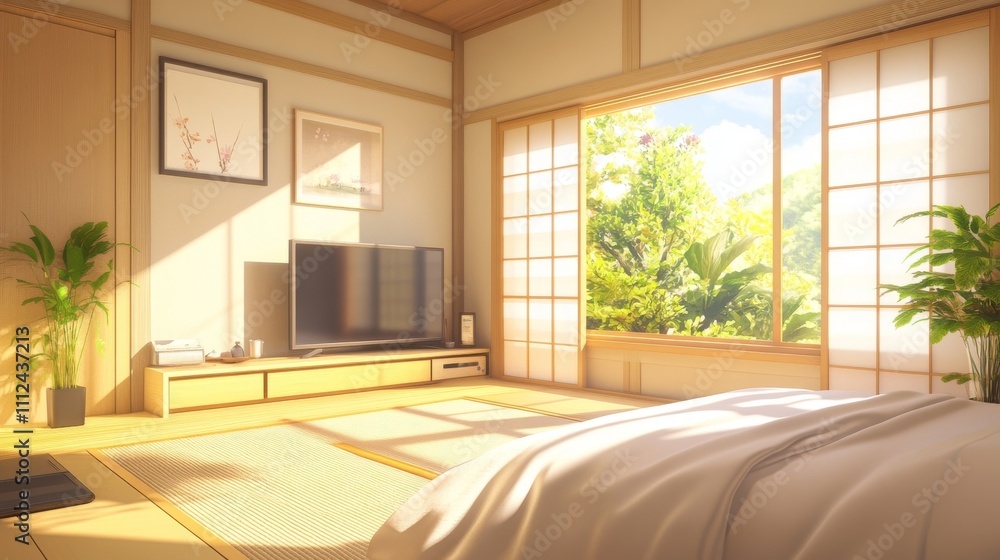 Fototapeta premium Isometric view bed room muji style open inside interior architecture, 3d rendering digital art.