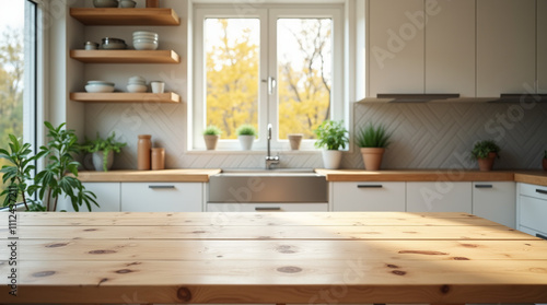 Modern kitchen interior with rustic wooden table and natural accents