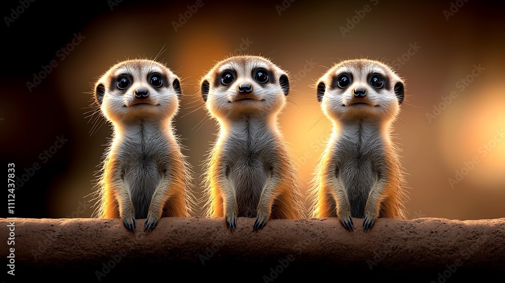 A group of playful meerkats standing upright in a zoo exhibit, with bright sunlight casting shadows on their small bodies, creating a sense of alertness and curiosity, capturing each whisker A group of playful meerkats standing upright in a zoo exhibit, with bright sunlight casting shadows on their small bodies, creating a sense of alertness and curiosity, capturing each whisker