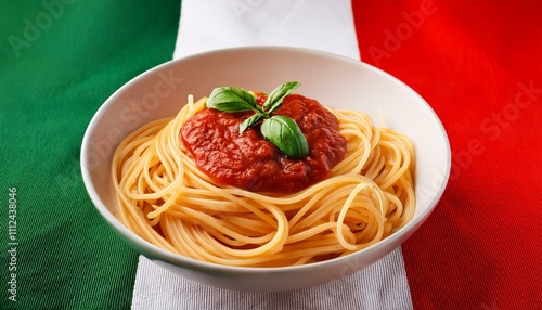 Tomatio sauce and pasta, on the Italian flag photo