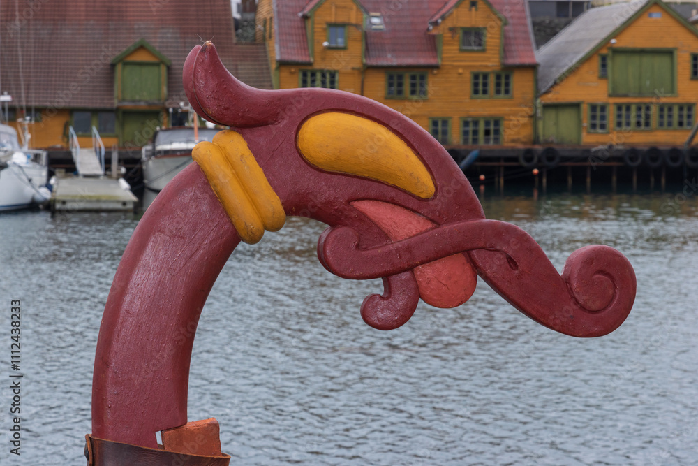 Close-up of carved wooden dragon head of a viking ship,