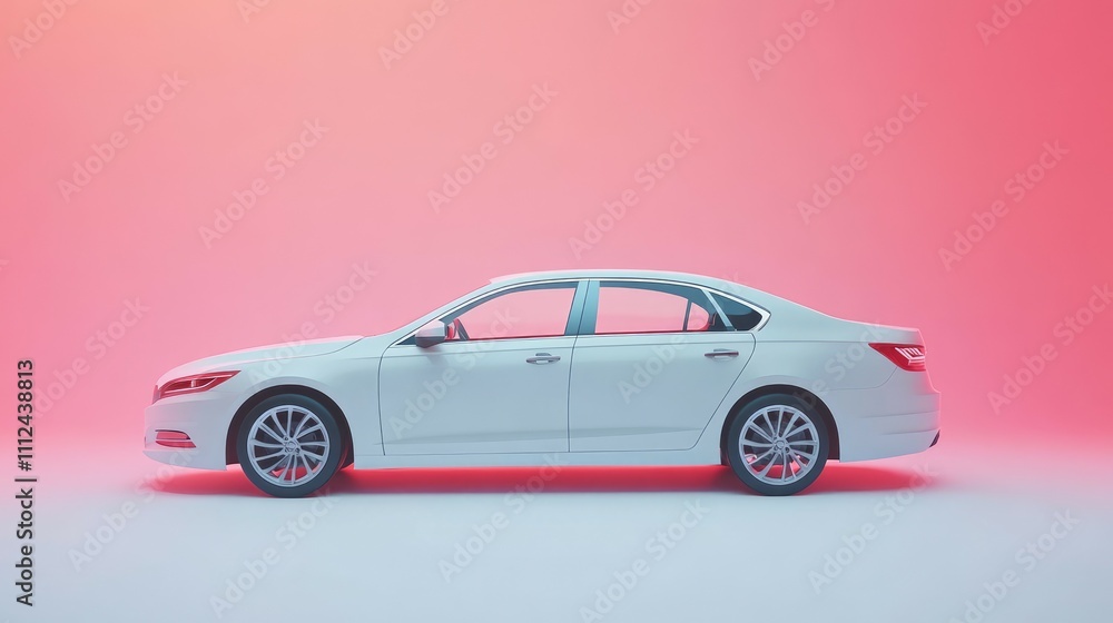 Fototapeta premium White sedan profile view on pink background.