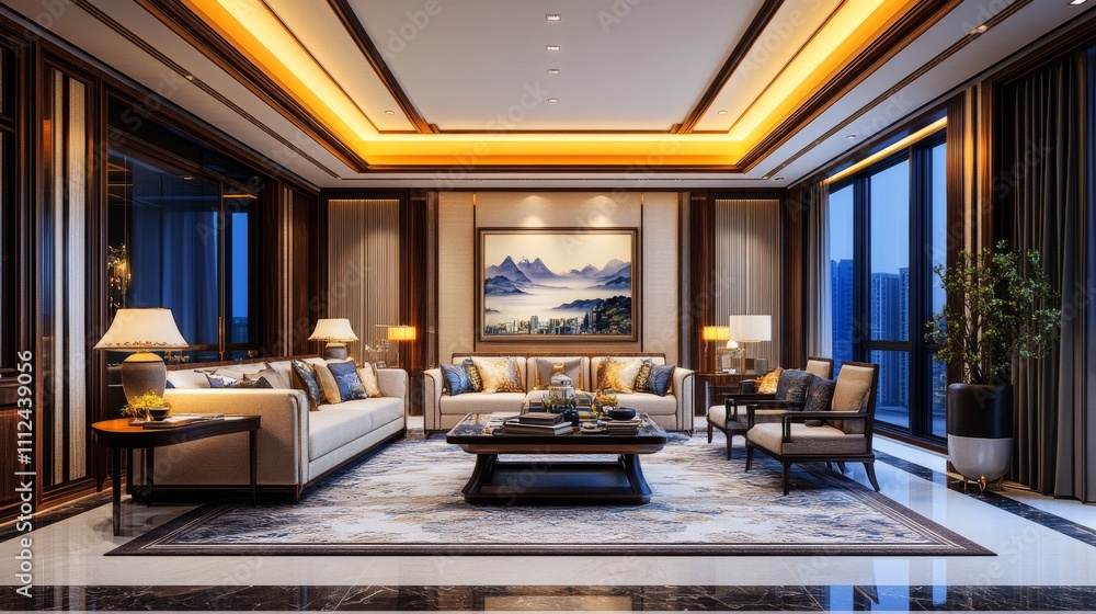3D rendering, spacious living room design of modern residence, with sofa, tea table, decorative painting, etc 3D rendering, spacious living room design of modern residence, with sofa, tea table, decorative painting, etc