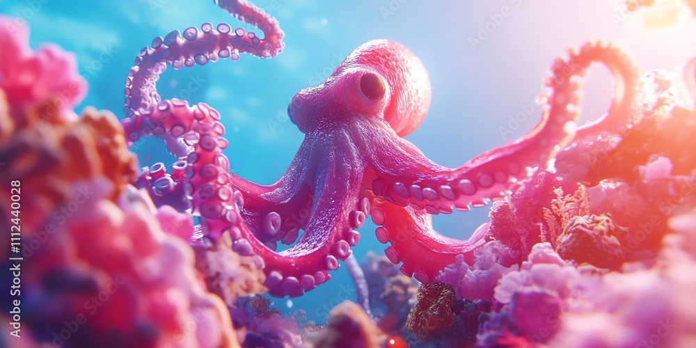 Vibrant pink octopus gracefully moves among coral reefs in a sunlit ocean. Stunning underwater scene. Vibrant pink octopus gracefully moves among coral reefs in a sunlit ocean. Stunning underwater scene.