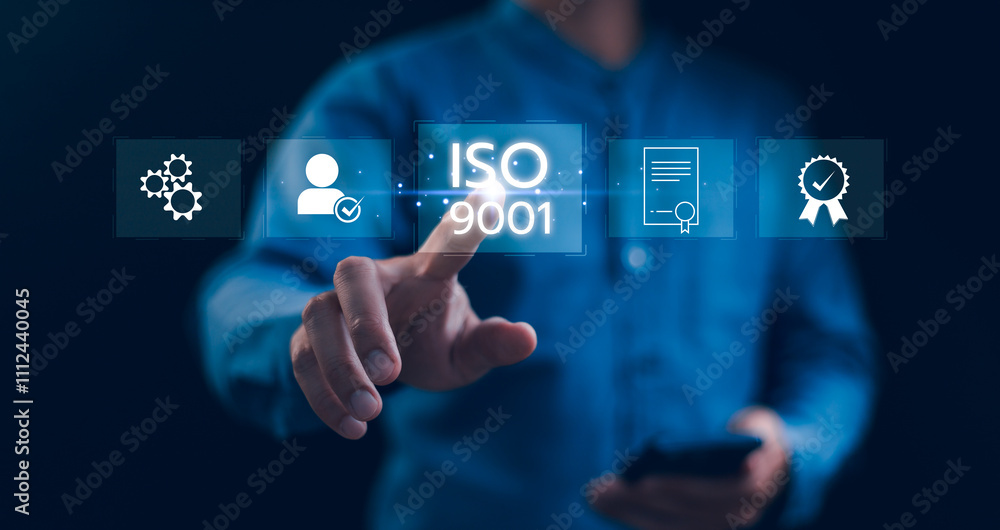 Quality control Businessman touch on ISO-9001 sign or tick mark with document icon for approve quality assurance and guarantee concept, online approve paperless and quality assurance concept.