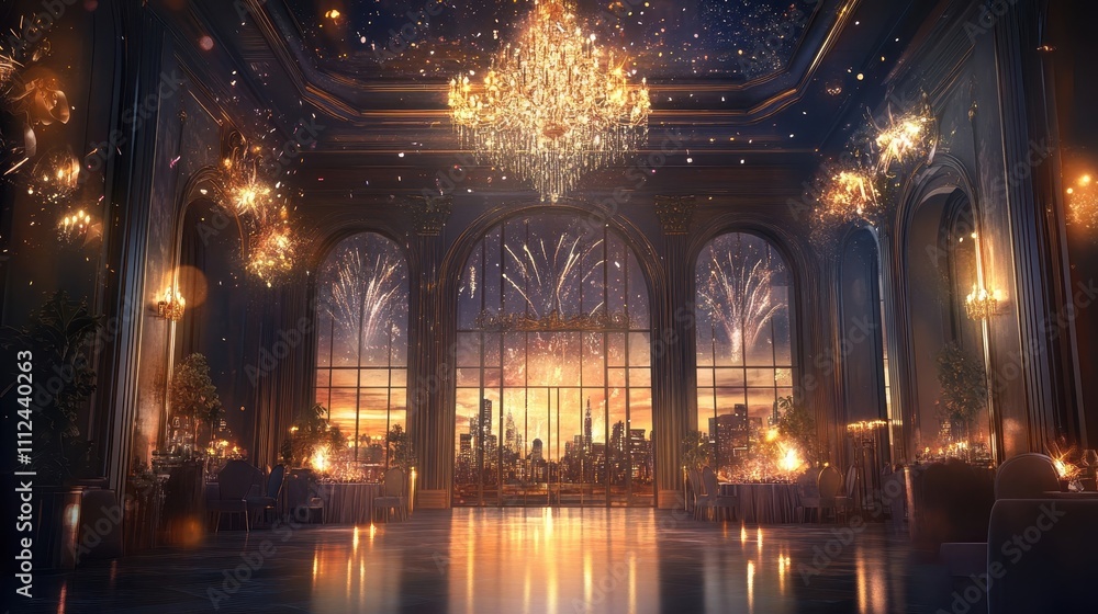 Fototapeta premium Elegant ballroom interior with stunning chandelier, golden accents, and fireworks display behind large windows, ideal for festive celebrations and special events at night