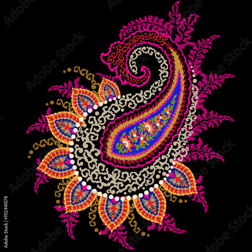 Floral Textile element for seamless pattern.Traditional Kashmiri Shawl.Design with flower,leaf on black backgroud.Classic style.Design for adding to textile,embroidery,decorative,fashion industry.