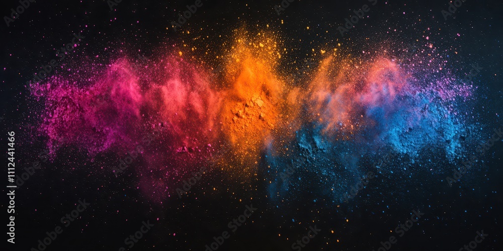 Obraz premium Holi powders in vibrant hues of pink, blue, and orange arranged symmetrically on a dark background with fine powder scatter, text-friendly area.