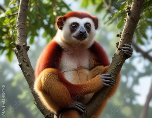 Coquerel sifaka on a thin limb of the tree with a few loose strands of vines, forest, moss