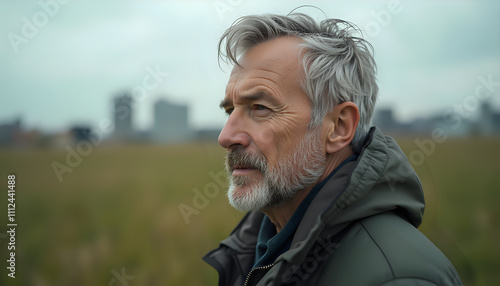 a man with grey hair and a beard stands in a field with a city in the background