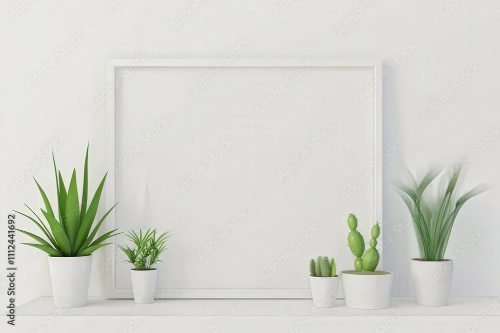 A white frame mockup with green plants on a white shelf against a white wall A white frame mockup with green plants on a white shelf against a white wall