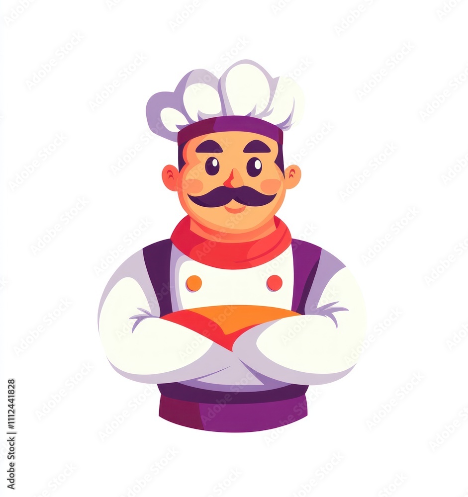 Happy cartoon chef with arms crossed, wearing a toque and apron. Happy cartoon chef with arms crossed, wearing a toque and apron.