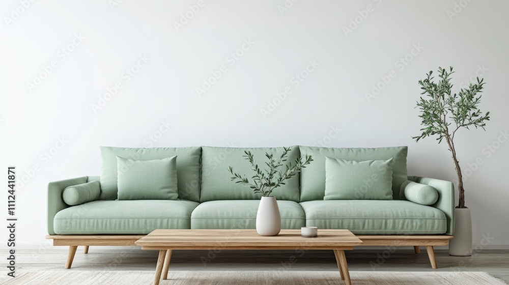 Minimalist living room with a pastel green sofa featuring a simple plant vase on a wooden coffee table Minimalist living room with a pastel green sofa featuring a simple plant vase on a wooden coffee table