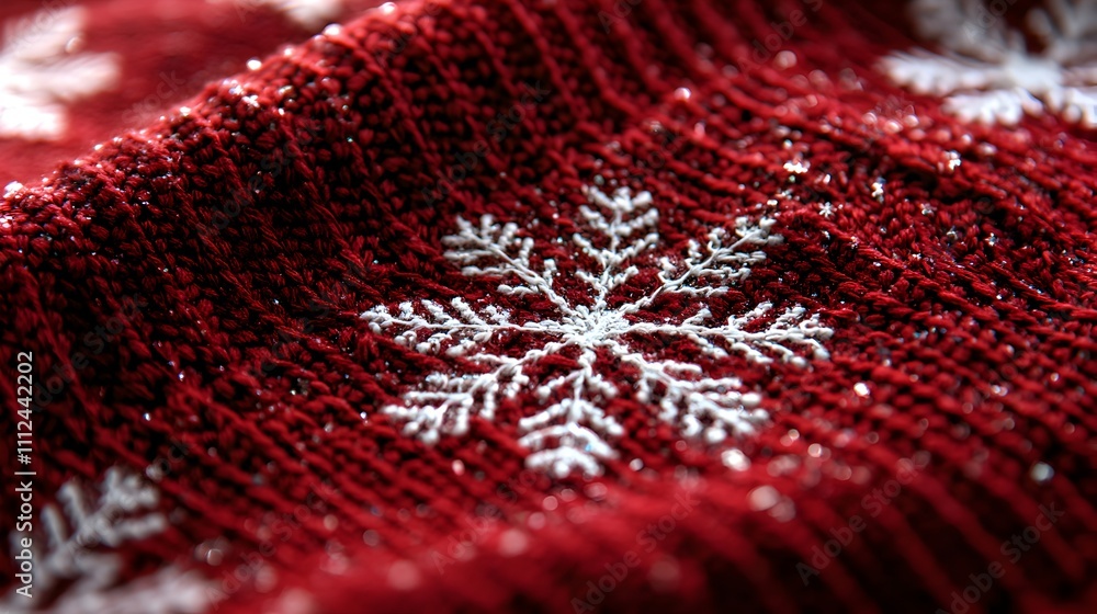 Cozy Winter Snowflake Knit: A close-up shot of a red knitted fabric adorned with a delicate snowflake pattern, evoking warmth, comfort, and the spirit of the holiday season. Cozy Winter Snowflake Knit: A close-up shot of a red knitted fabric adorned with a delicate snowflake pattern, evoking warmth, comfort, and the spirit of the holiday season.