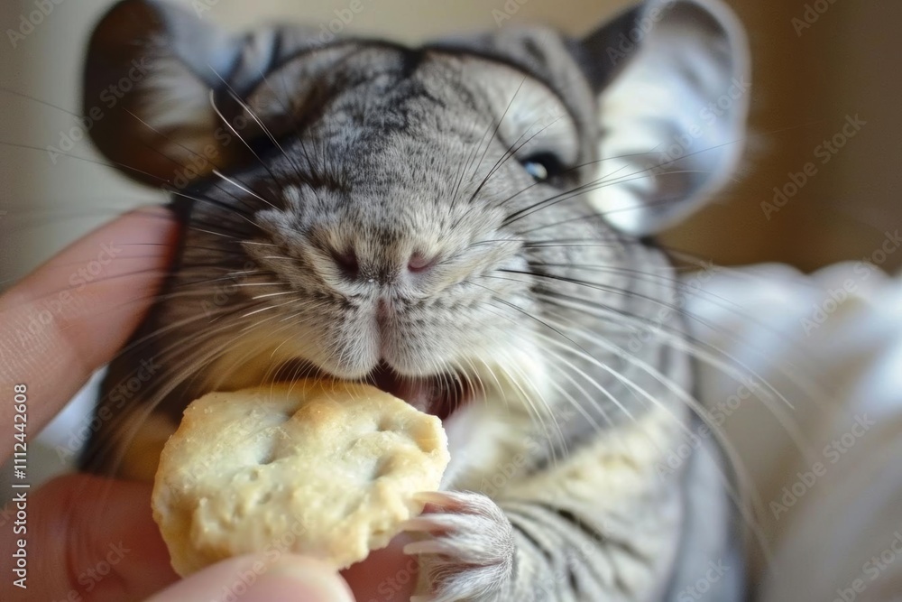 Obraz premium A chinchilla happily munching on a cookie held by a person's hand.