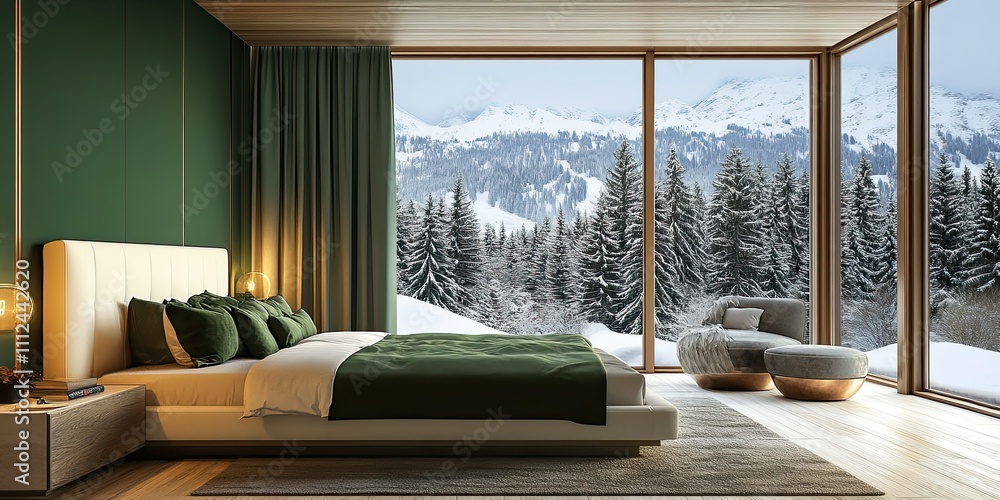green and cream hotel room design with luxury bed and elegant wooden floor on winter mountain and pine forest background green and cream hotel room design with luxury bed and elegant wooden floor on winter mountain and pine forest background