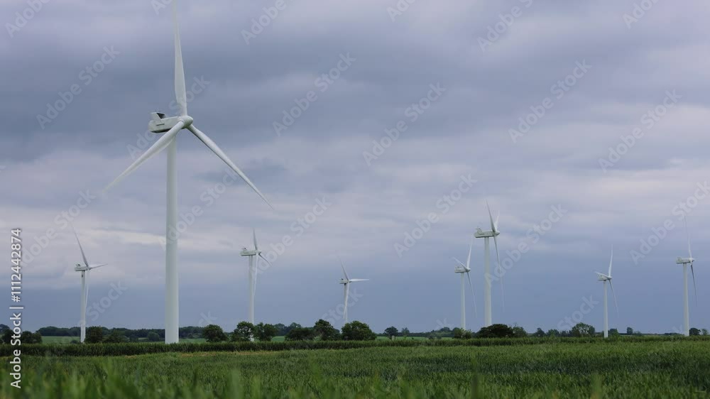 A Group Of Wind Turbines Spinning Among Agricultural Fields A Group Of Wind Turbines Spinning Among Agricultural Fields