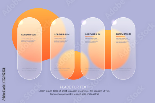 Abstract glass morphism infographic with rounded rectangle and orange circle. Vector template illustration