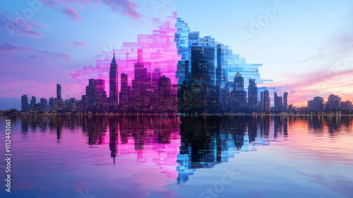 Stunning abstract art depicting vibrant city skyline at sunset