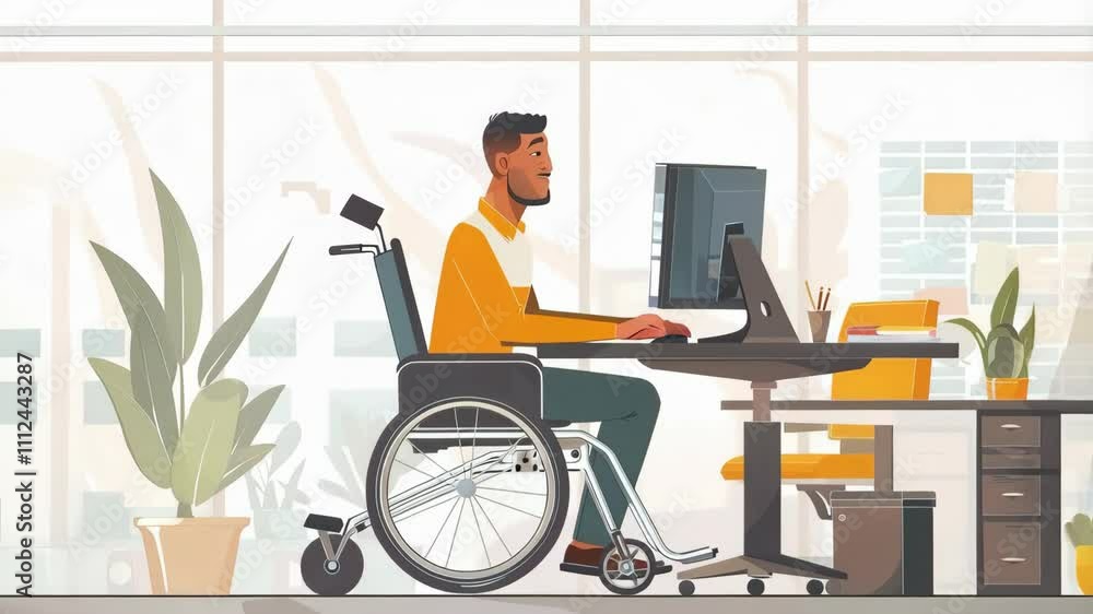 Disabled person in the wheelchair works in the office at the computer. Flat design, minimal style illustrated animation Disabled person in the wheelchair works in the office at the computer. Flat design, minimal style illustrated animation