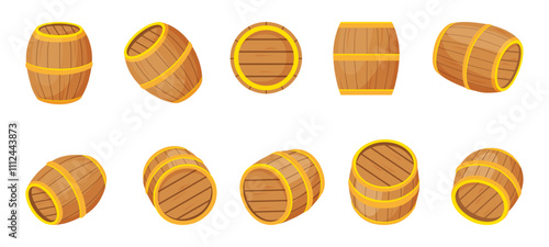 Wooden barrel. Different rotation and angles wood barrels. Isolated wine beer cognac ale storage in cellar. Winery and brewery industry neoteric vector element