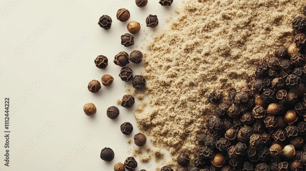 A mix of whole black peppercorns and ground pepper arranged on a smooth white background, contrasting textures, and sharp focus A mix of whole black peppercorns and ground pepper arranged on a smooth white background, contrasting textures, and sharp focus