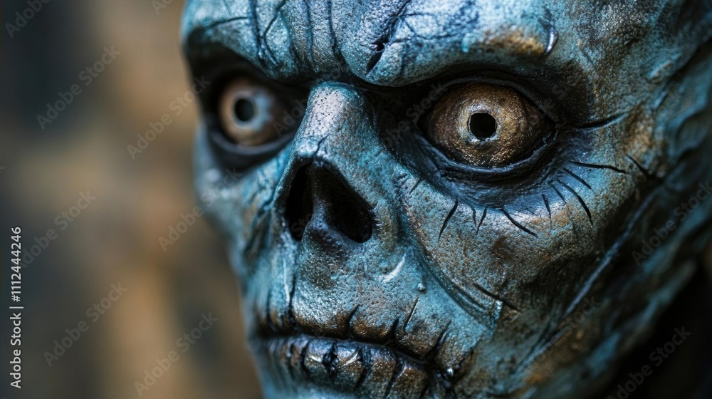 A close-up of a detailed, eerie skull sculpture with intense eyes. A close-up of a detailed, eerie skull sculpture with intense eyes.