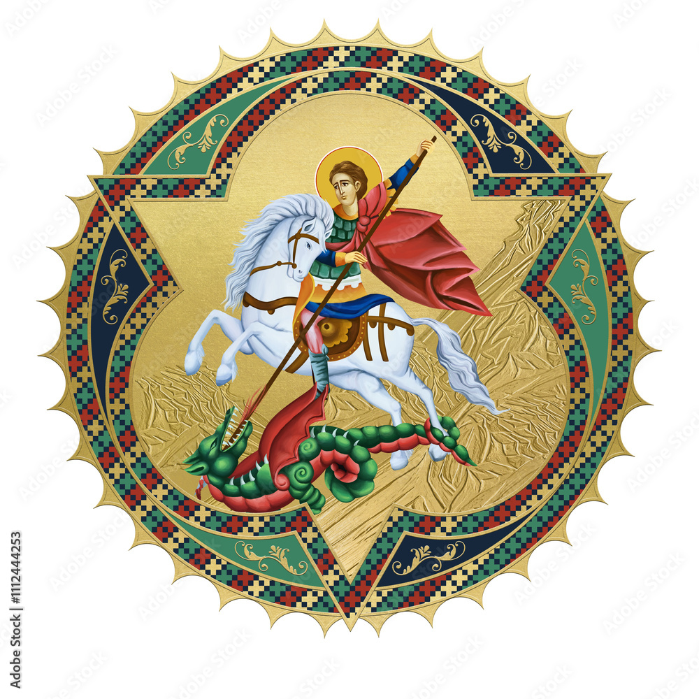 Obraz premium Saint George. Religious decorative sun- dome. Illustration in Byzantine style isolated