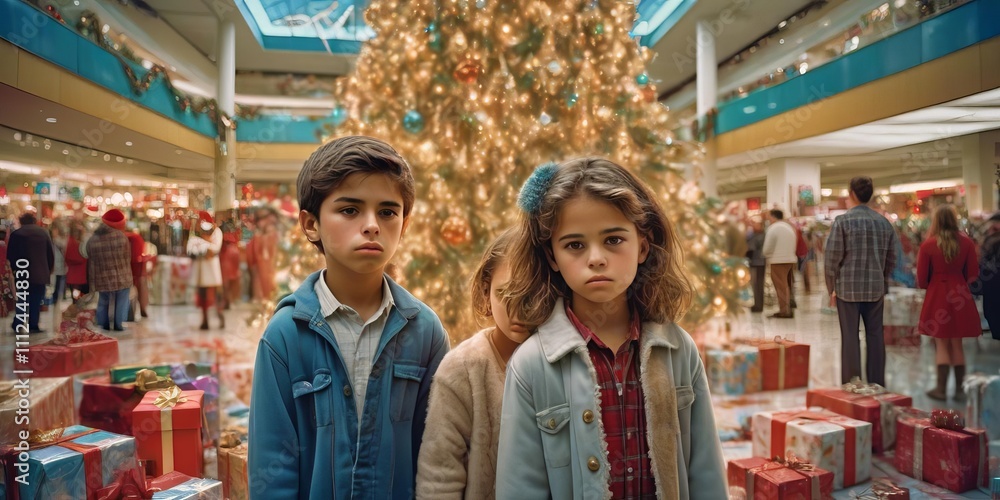 Sad child waiting in front of Christmas tree and Christmas presents 