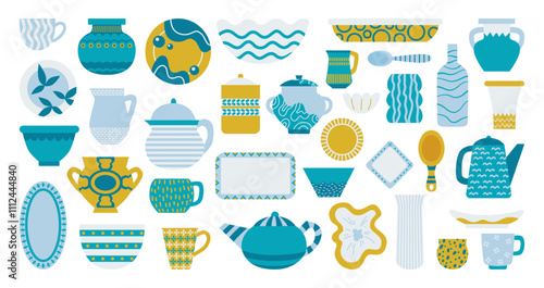 Cartoon ceramic crockery. Stylish kitchen plates bowls cups and mugs, vases and pot. Decorative tableware for dish serving, isolated neoteric vector clipart