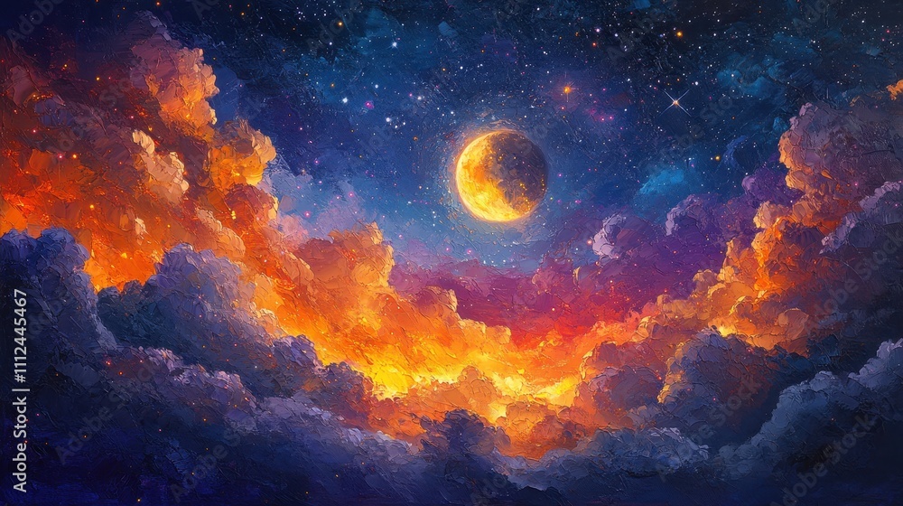 Stunning Celestial Landscape with Vibrant Clouds and a Glowing Moon in a Starry Night Sky Stunning Celestial Landscape with Vibrant Clouds and a Glowing Moon in a Starry Night Sky