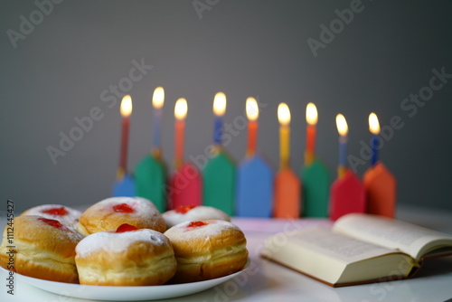 DIY Wooden Hanukkiah with Colorful Candles. High quality photo. The lit candles create a cozy and festive atmosphere, set against a neutral gray background.  photo