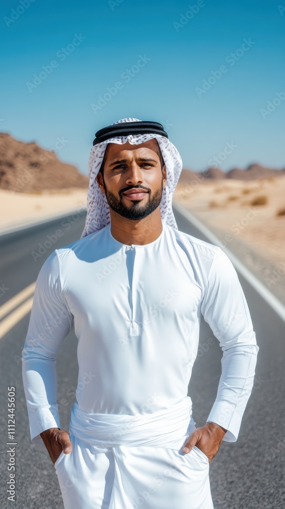A man in a white traditional outfit, hands in pockets, stands on an expansive desert highway, capturing a sense of exploration, elegance, and harmonious simplicity. A man in a white traditional outfit, hands in pockets, stands on an expansive desert highway, capturing a sense of exploration, elegance, and harmonious simplicity.