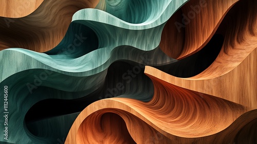 Abstract Background with Colorful Waves in a Wooden Color Palette Featuring Turquoise, Orange, and Green - 3D Rendering