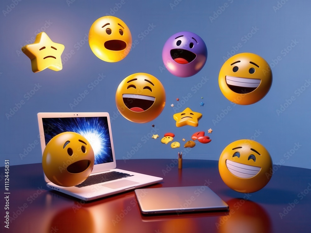Obraz premium Emojis floating in the air near a laptop, symbolizing various emotions and digital communication