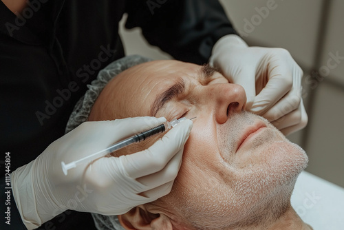 calming close up of hands performing PRP treatment on man. procedure involves injecting platelet rich plasma for skin rejuvenation, showcasing serene expression photo