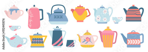 Cartoon kitchen teapots and cups. Kettles and mug, isolated ceramic crockery for teatime. Kitchen tools, cute porcelain cup. Ceramic neoteric vector set
