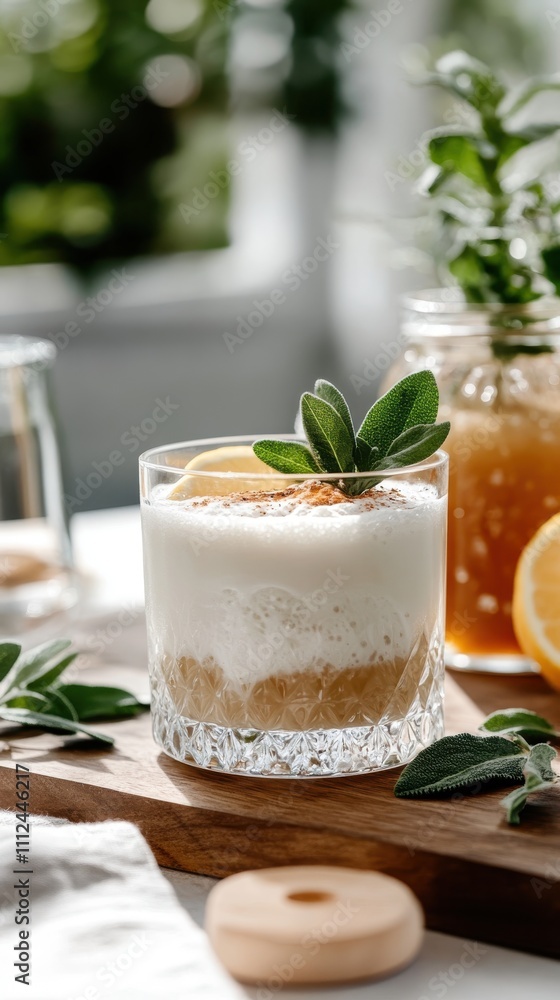 A frothy sage-infused drink with a hint of citrus, elegantly presented on a wooden board with natural lighting, surrounded by lush greenery and oranges. A frothy sage-infused drink with a hint of citrus, elegantly presented on a wooden board with natural lighting, surrounded by lush greenery and oranges.