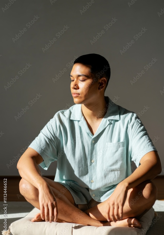 Obraz premium Calm Pacific Islander non-binary person meditating in sunlit room wearing light blue shirt