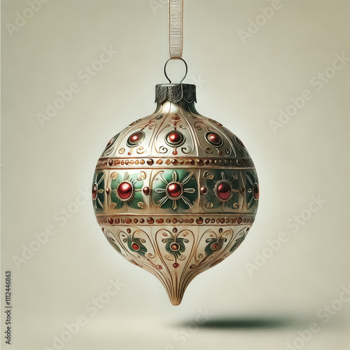 A vintage-style Christmas ornament with a retro design, hung from a ribbon.