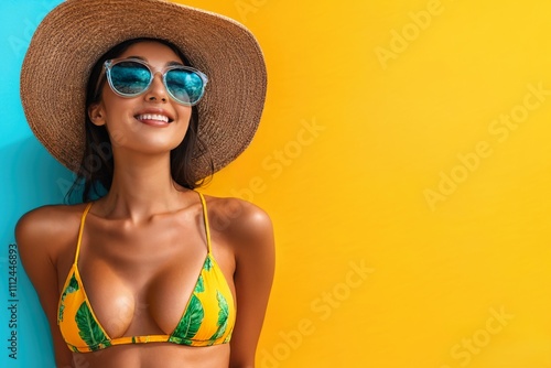 Model woman wearing sunglasses, tanned skin,a tropical bikini wear straw hat, for summer banner poster