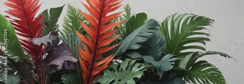 A lush arrangement of exotic tropical leaves with bold colors against a pale grey sky, surreal leaves, foliage photo