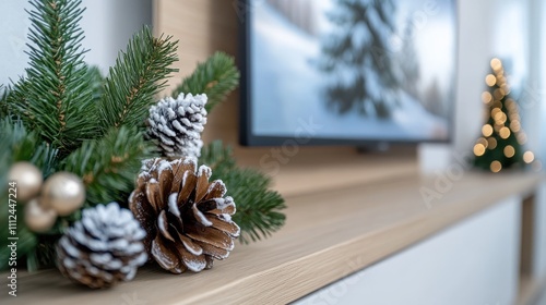 Close-up of a winter-themed decoration featuring pine cones and evergreen branches, placed beside a TV displaying a snow-covered landscape, evoking coziness and winter spirit. photo