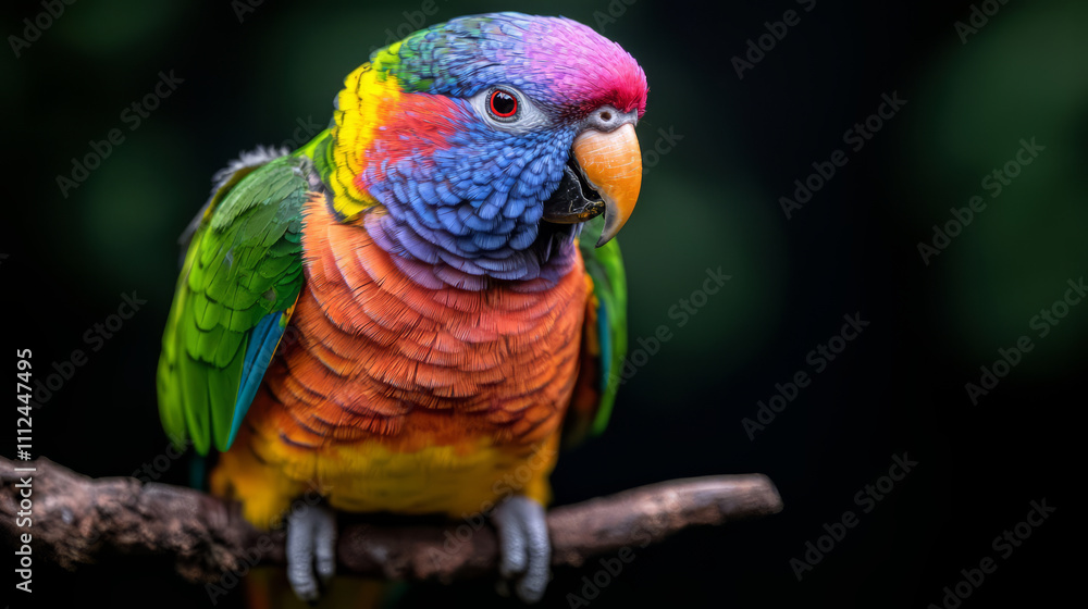 Naklejka premium Vibrant close up of colorful parrot perched on branch, showcasing its stunning feathers