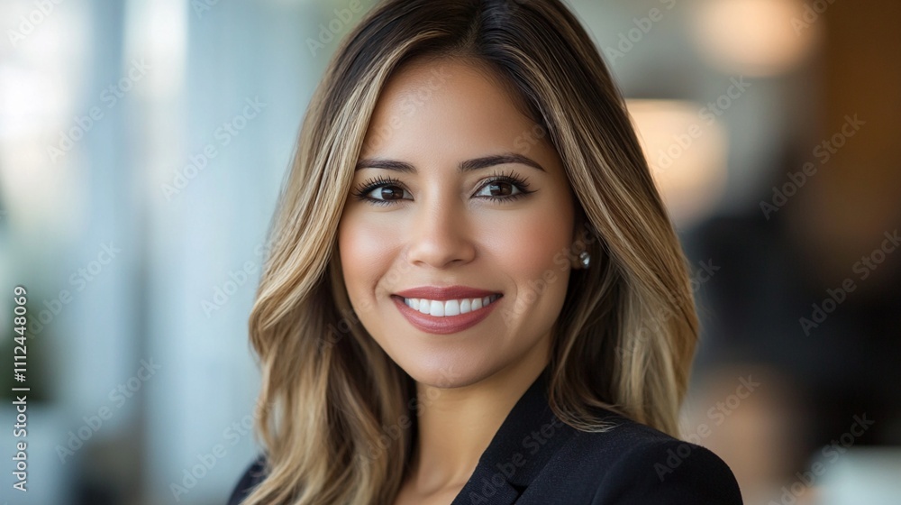 Professional headshot portrait of a confident businesswoman with radiant smile, highlighted hair, and black blazer against soft bokeh background in corporate setting. Professional headshot portrait of a confident businesswoman with radiant smile, highlighted hair, and black blazer against soft bokeh background in corporate setting.